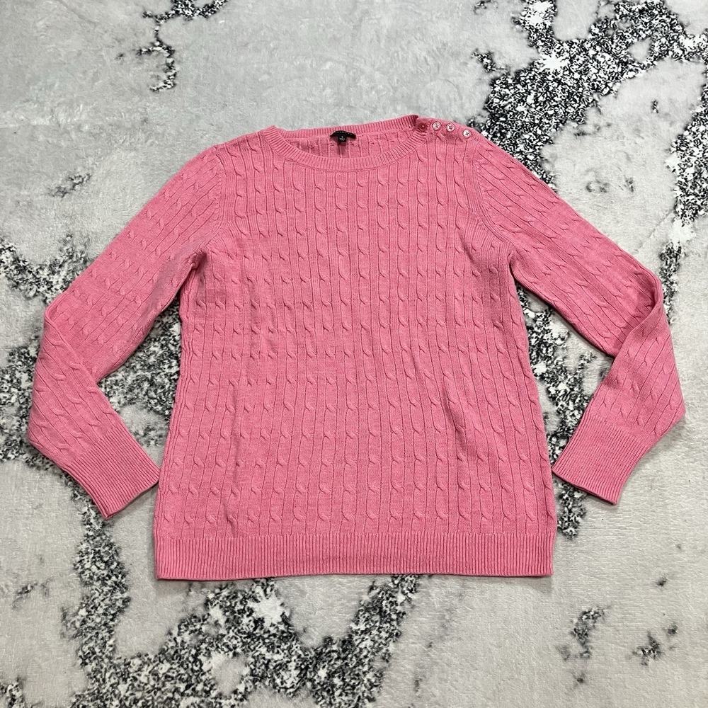 Talbots Lambswool Blend Cable Sweater Womens L Pink Button Shoulder Crewneck